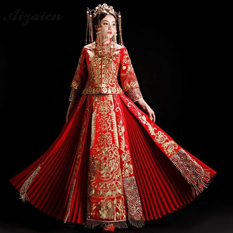 Модные Ретро плиссированные Cheongsam Длинные платья Chinoise невесты женитьба Qi Pao женское китайское свадебное платье Дракон Мантия с изображением Феникса красный
