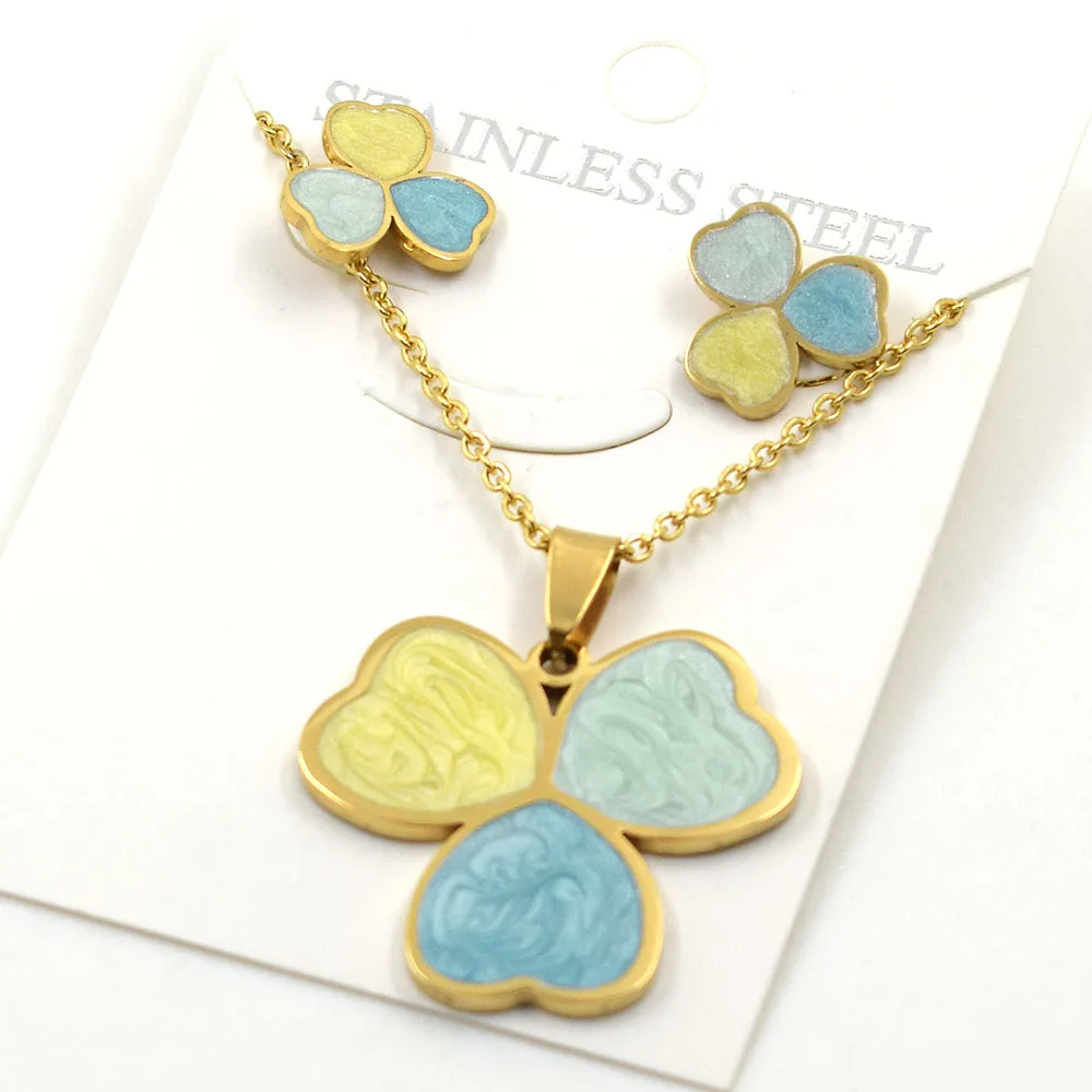 

glitter 3 heart Necklace earring Gold Stainless Steel Party Gift,Three Leaves Colorful Circle Pendant Necklace Set