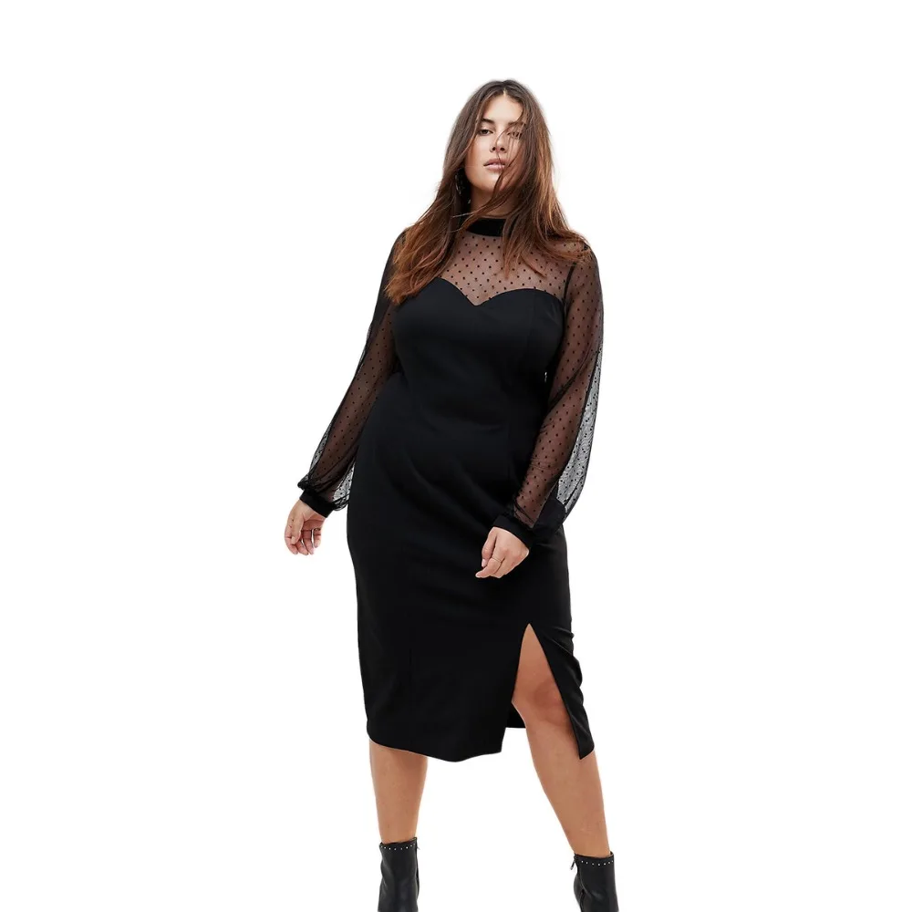 

Plus Size Black Dot Lace Patchwork Perspective Slim Dress Women Solid Office Lady O Neck Long Sleeve Bodycon Dress 6XL 7XL