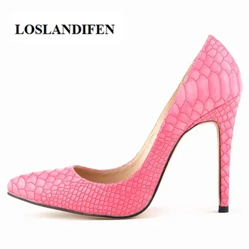 

LOSLANDIFEN Snake Skin Pattern PU material Classic Sexy Pointed Toe 11cm High Heels Women Pumps Dress Shoes