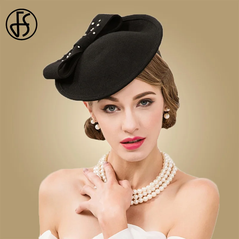 FS Black Wedding Hats Women Elegant 100 Wool Pillbox Hat Fascinator