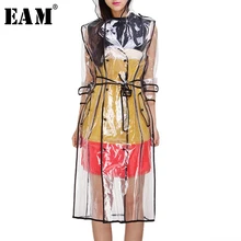 [EAM] Новинка, женские прозрачные модные водонепроницаемые плащи, Длинная ветровка с капюшоном, длина до колена, уличная одежда для дождливой погоды LA104