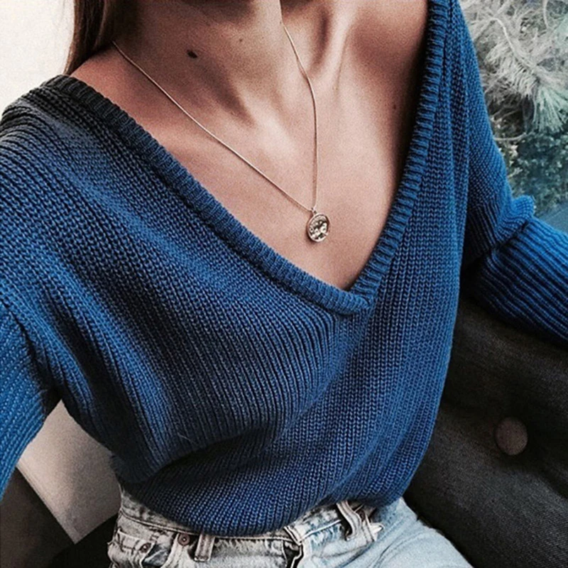 Элегантный осенне-зимний женский свитер, вязаные свитера для женщин, Свитера с глубоким v-образным вырезом, повседневные женские топы - Цвет: Blue