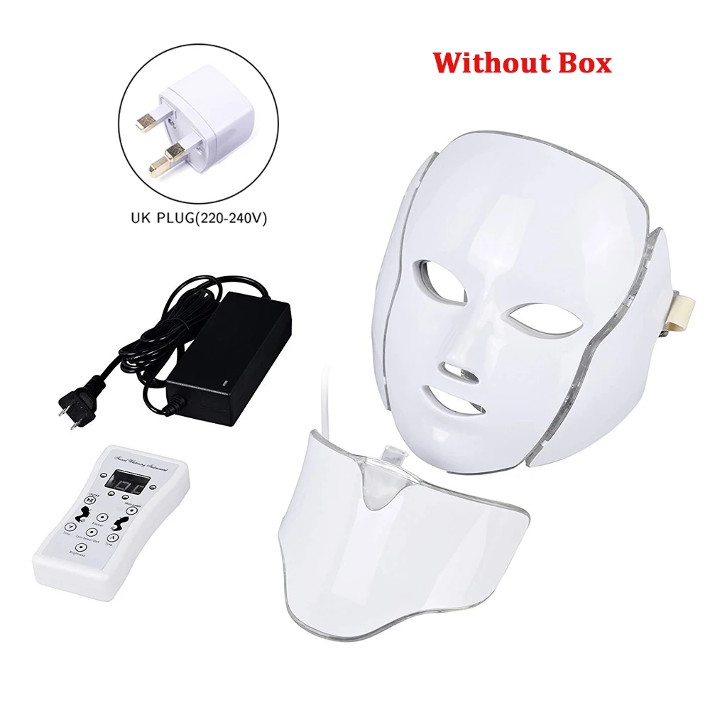UK plug without box 7 цветов светодиодный маска для лица красота омоложение кожи Фотон светильник маска с шеи терапия морщин акне подтяните уход за кожей - Цвет: UK plug without box
