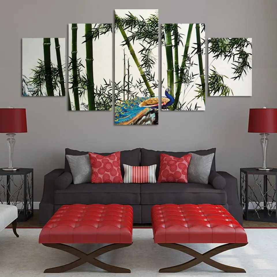 Unframed 5 Panels Bamboo And Peacock Modern Wall Painting Green Bamboo