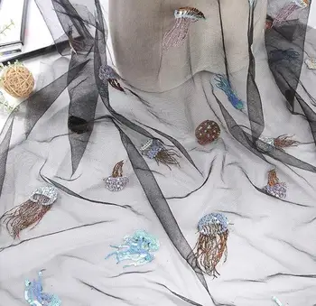 

2colour sexy Sequin jellyfish Polyester embroidery Mesh lace fabric / Plant flower wedding dress costume DIY patches fabric A037