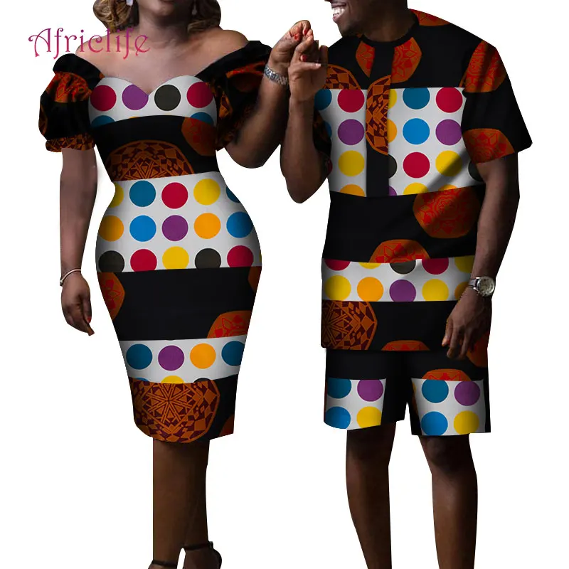 Африканская парная одежда женское платье Мужская рубашка комплект Базен Африканский принт с открытыми плечами платья до колен Одежда для влюбленных WYQ229 - Цвет: 14