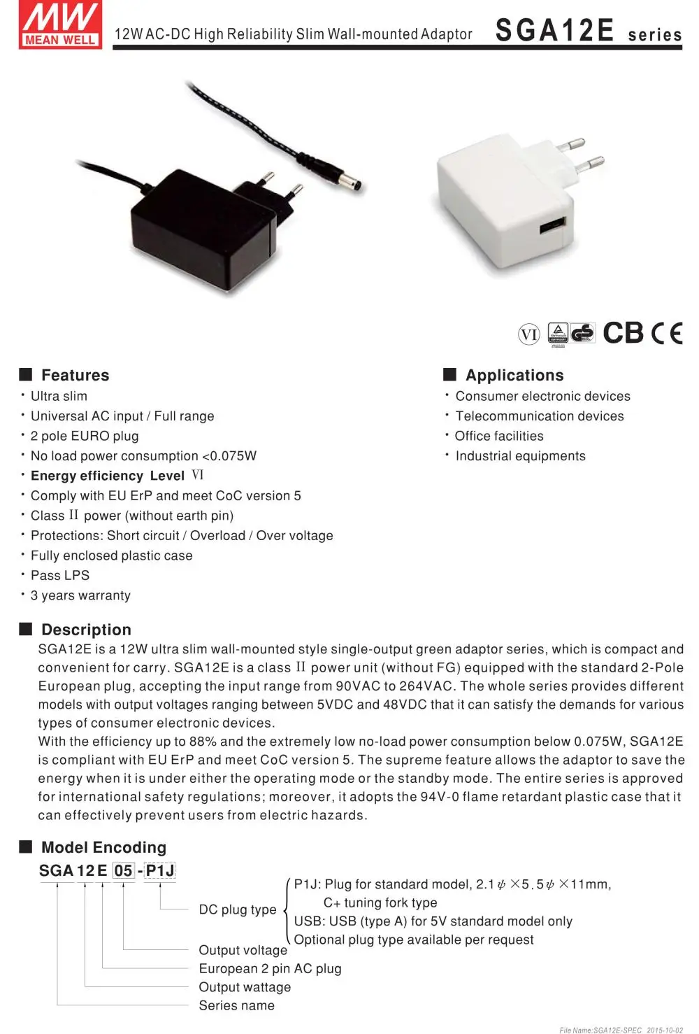 [PowerNex] MEAN WELL SGA12E24-P1J 24V 0.5A meanwell SGA12E 24V 12W AC-DC Высокая надежность тонкий настенный адаптер