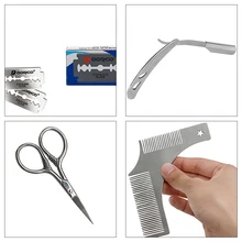 4 шт. набор из нержавеющей щетки для бороды, расческа для бороды, моделирующие ножницы, бритвенные лезвия для бритья, профессиональная Очистка лица, инструменты для укладки