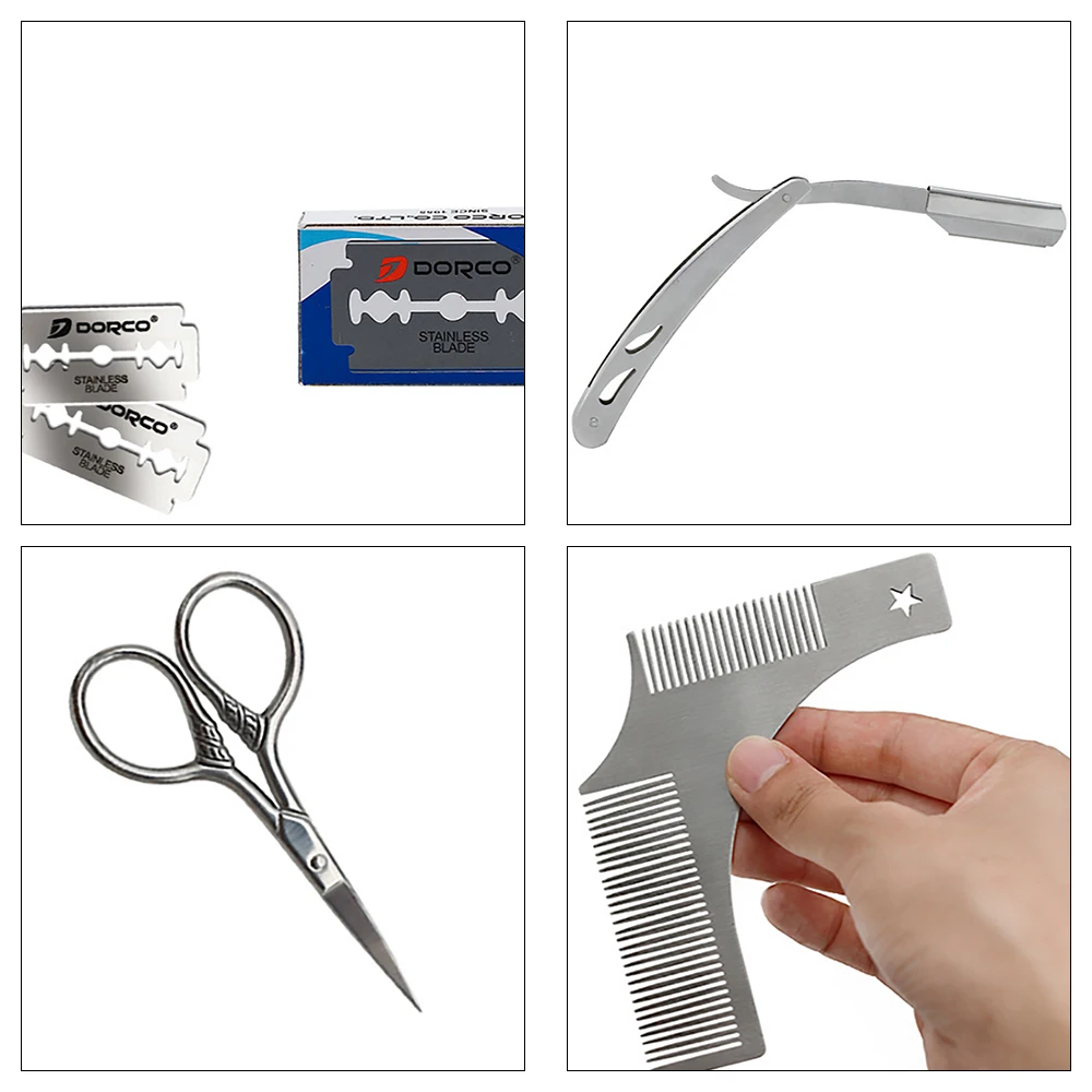 

4Pcs Stainless Beard Brush Set Beard Comb Modeling Scissors Shaving Razor Blade Facial Professional Cleaning Care Styling Tools