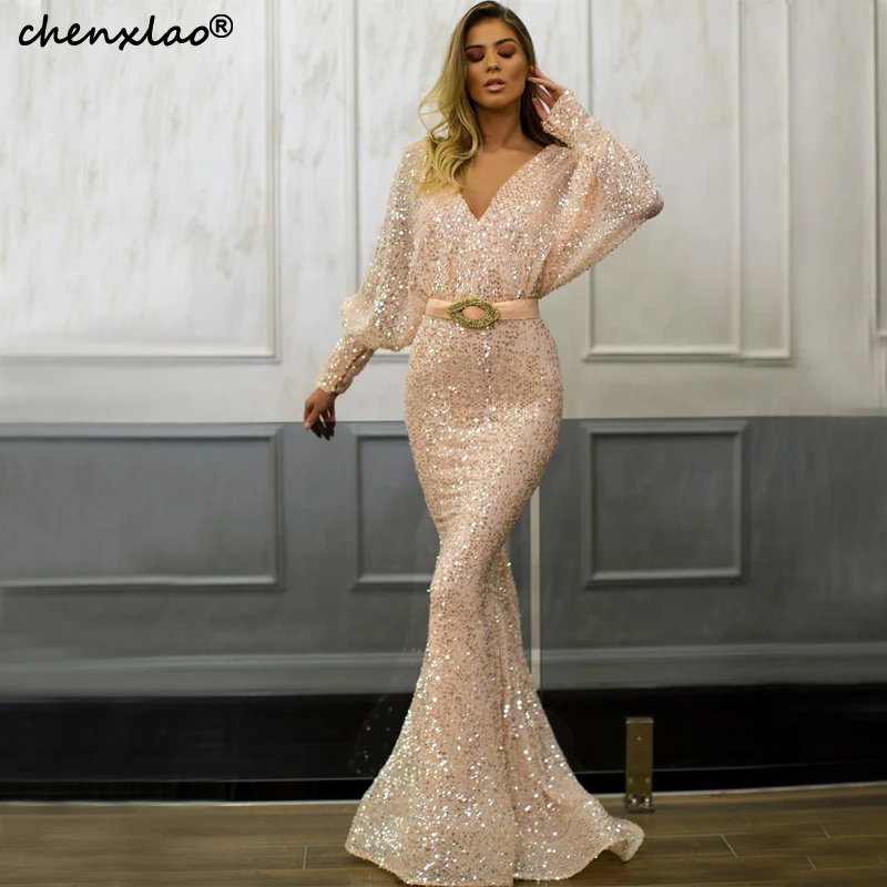 

Sequin Mermaid Evening Dresses V-Neck V-Back Full Sleeveless 2019 New Listing Long Evening Dress Formal Party Dress Vestidos