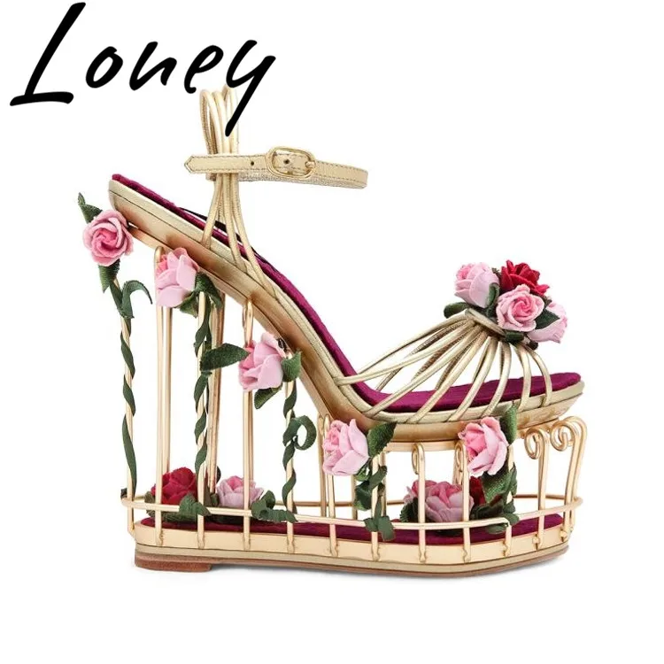 

Loney New Genuine Leather Sexy Platform Summer Sandals Open Toe Floral Deco Caged Heel HIgh Heel Sandals Shoes Women
