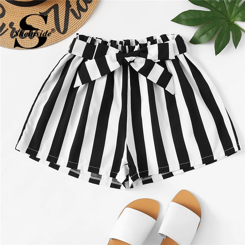 

Sheinside Belted Detail Black and White Striped Shorts Elastic Waist Casual Shorts Women 2019 Summer Ladies Straight Leg Shorts