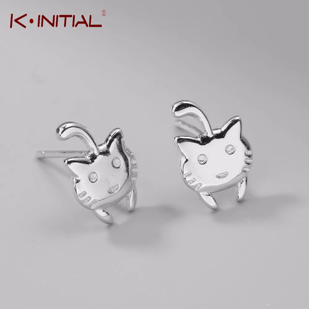 Kinitial Cute Cat Tail Gatos Studs Earrings 925 Sterling Silver Lovely Kitty Stud Earring Jewelry Women Child Best Gift | Украшения и