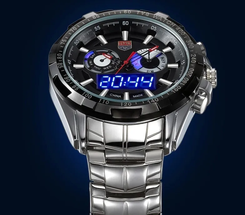 Мужские наручные кварцевые часы марки TVG. Аналогово-электронный циферблат. Водонепроницаемость- до 3-х атмосфер. Материал корпуса и браслета из нержавеющей стали