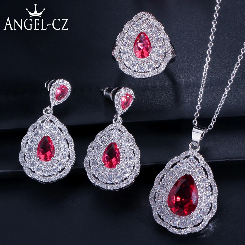 

ANGELCZ Romantic Women Gift Tear Drop Earrings Neckalce Ring AAA Rose Red Cubic Zircon Micro Pave 925 Silver Jewelry Sets AJ032