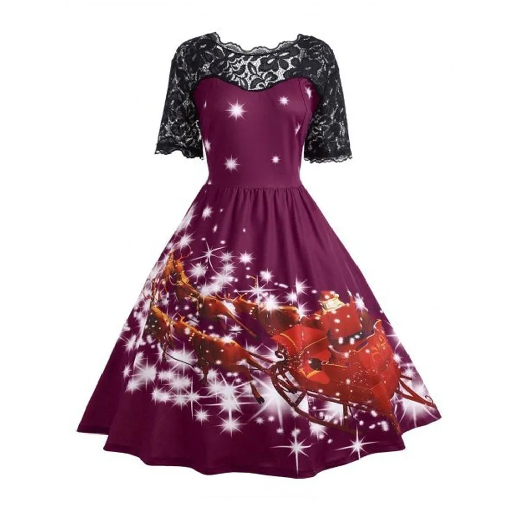 

Women's christmas dress women vestido verano 2018 Party Dress Ladies Vintage Xmas Swing Lace Dress