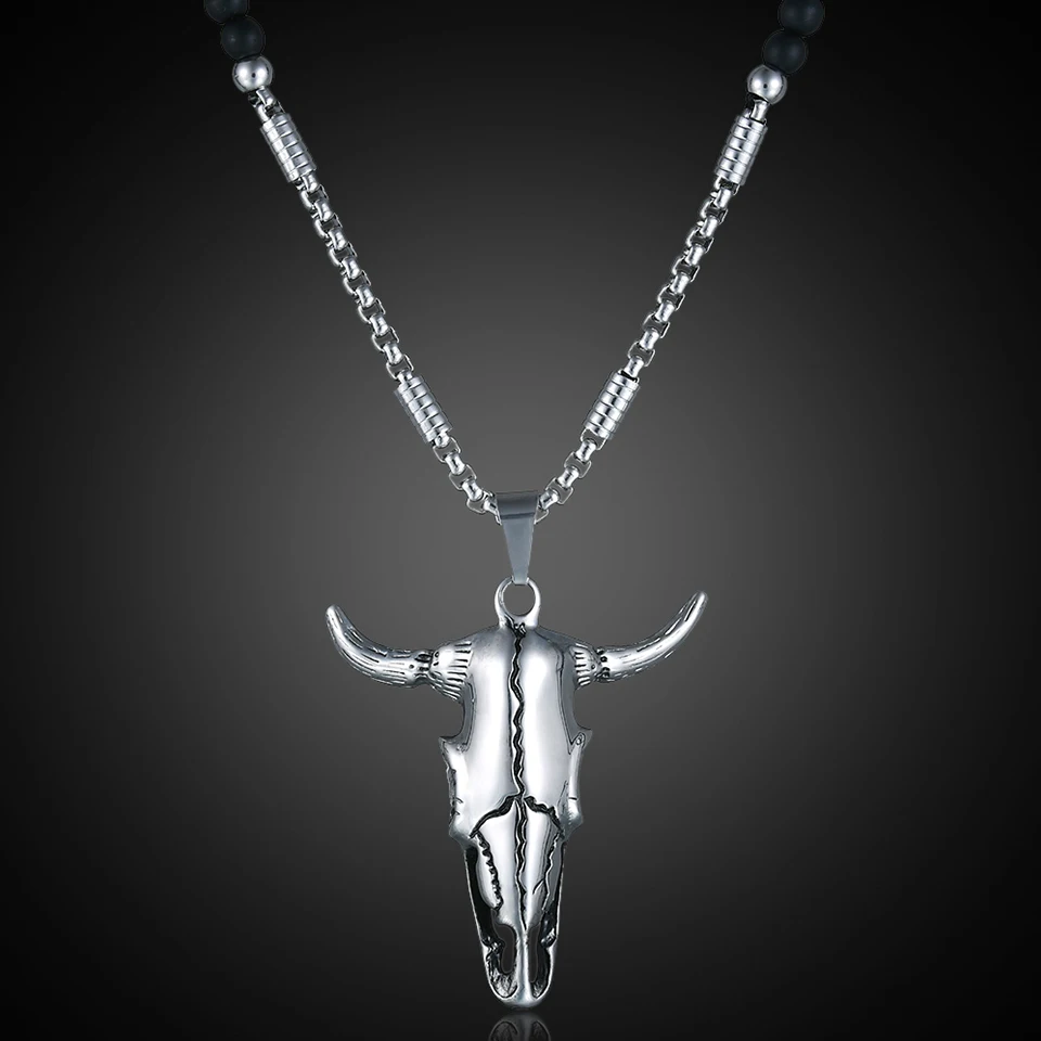 YANGQI норвежский викинг панк нержавеющая сталь Ox Head Череп ожерелье со свисающими