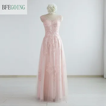 

Pink Tulle Appliques Beading A-line Formal Evening Dress Floor -Length Sleeveless Real/Original Photos Custom made