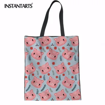 

INSTANTARTS Pink Cartoon Pig Print Linen Tote Shopping Bag Portable Travel Shoulder Bag Cotton Canvas Cloth Pouch Grocery Bags