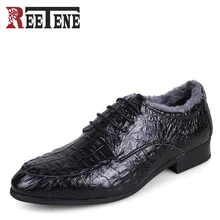 Winter Men’s Business Flats Genuine Leather Men Dress Shoes Warm Pointed Toe Crocodile Pattern Formal Male Shoes Plus Size 36-50