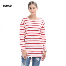 TUHAO Осенняя футболка женский o-образный вырез с длинными рукавами Asymetrical полосатая футболка приталенная Повседневная Верхняя одежда TR5629