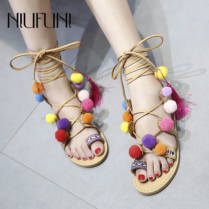 

Fashion Tassel Ankle Straps Ladies Flat Sandals 2020 Summer New Arrival Women's Sandals NIUFUNI Beach Flat Ladies Casual Shoes