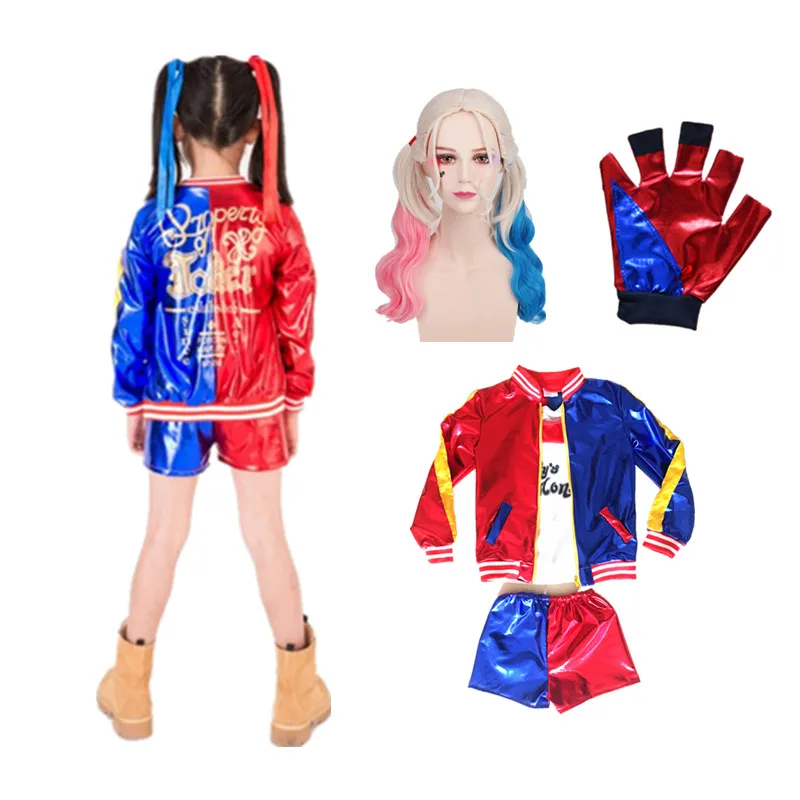 Skup 24 godziny wysłane Halloween Harley Quinn Cosplay kostiumy dla dzieci dziewczyny kurtka Chamarras De Batman Para Mujer garnitur z peruką rękawiczki