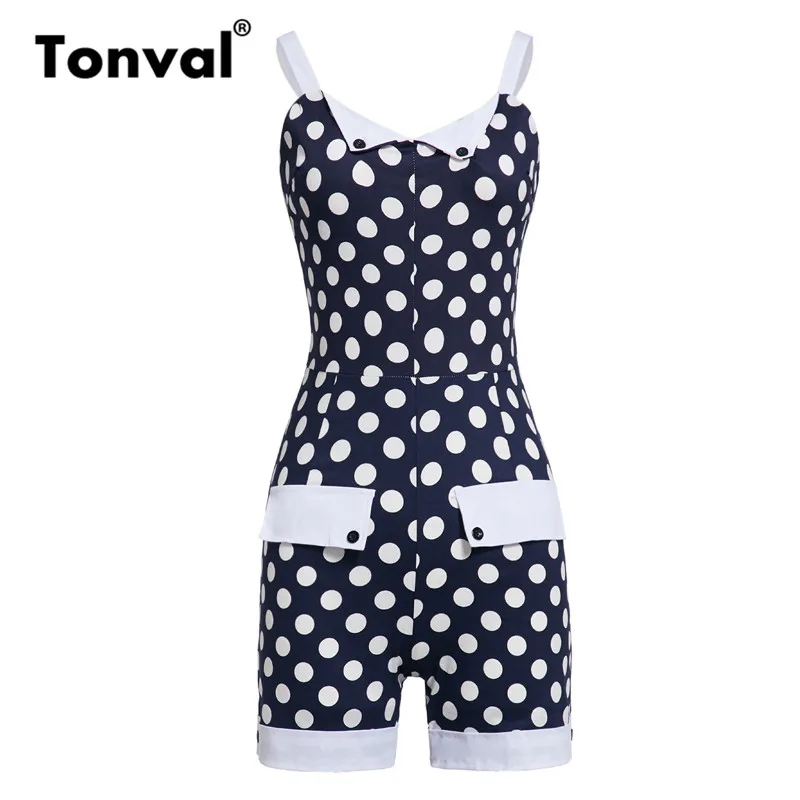 

Tonval Pin Up Polka Dot Vintage Short Jumpsuit Romper Women Summer Sleeveless 50s Playsuit Spaghetti Strap Retro Playsuits