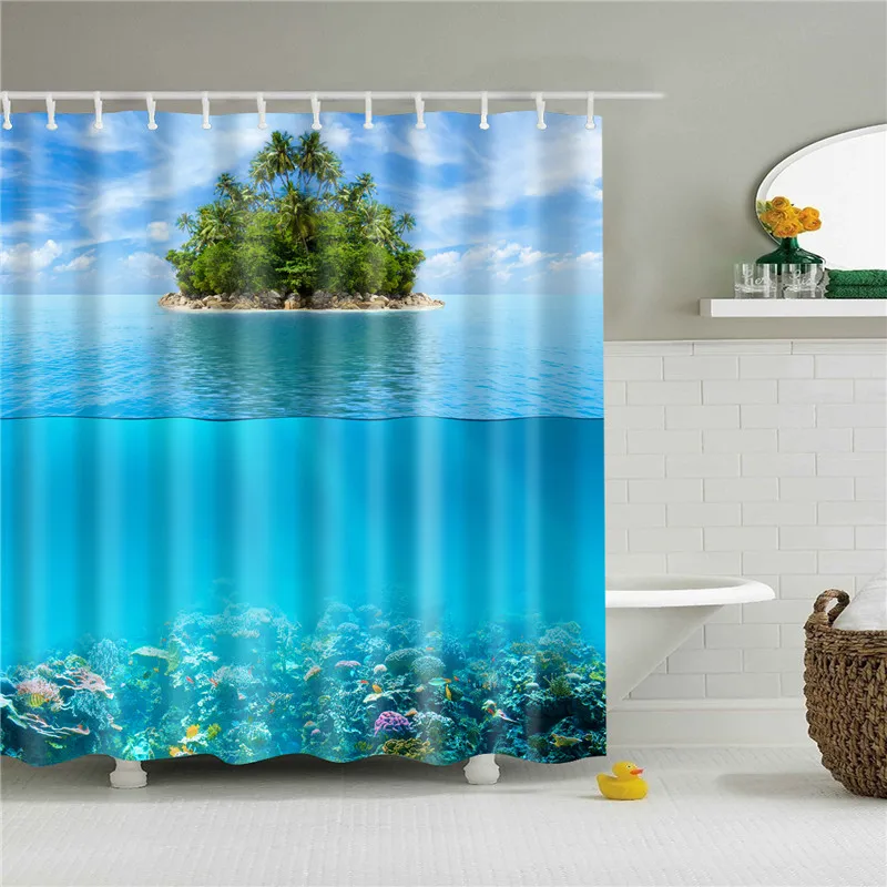 Устойчивая к плесени занавеска для ванной комнаты, принт с морским пейзажем и шестерни, 12 шт., крючок, моющаяся занавеска для ванной, украшение экрана - Цвет: TZ170937