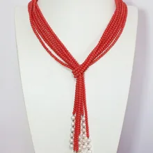Trendy pink orange artificial coral 5mm round beads white lovely pearl 3 strands new fashion scarf necklace 50inch B1447