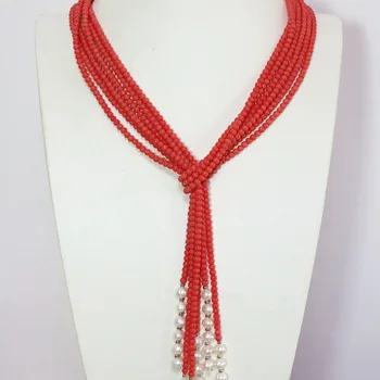 

Trendy pink orange artificial coral 5mm round beads white lovely pearl 3 strands new fashion scarf necklace 50inch B1447