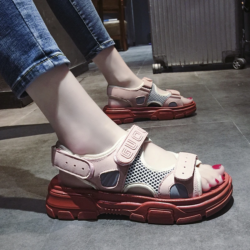 

2019 leather mesh student summer hollow Brandwomen sandals peep toe platform PVC soles Hook-loop Gladiator shoes sandalias mujer