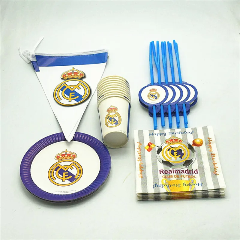 

football real madrid theme party things for10/20 children have fun disposable tableware set cups plates banners napkins