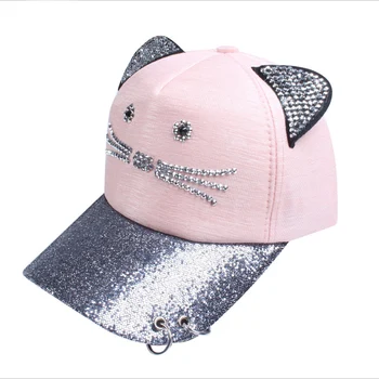 

Girl Summer Cute Cat Ear Sequins Baseball Caps Women's Adjustable Snapback Gorras Planas Hip Hop Bone Casquette Hat