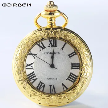 

2017 New Golden Silver Pocket Watches Roman Numerals Dial Steampunk Men Women Quartz Pocket Watch Full Steel Fob Chain Necklace