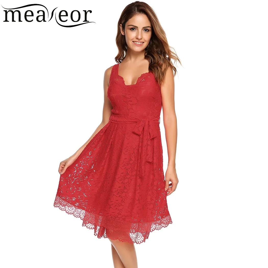 

Meaneor Lace Hollow Out A-Line Pleated Hem Dress with Belt Dress Double Wave V-Neck and Layers Hem Bow Waist Elastic Vestidos