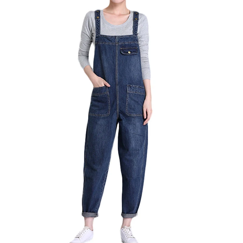

New Plus Size Women Casual Loose Denim Overalls Lady Solid Colors Baggy Jeans Wide Leg Jumpsuit Pants with Pocket for Woman N850