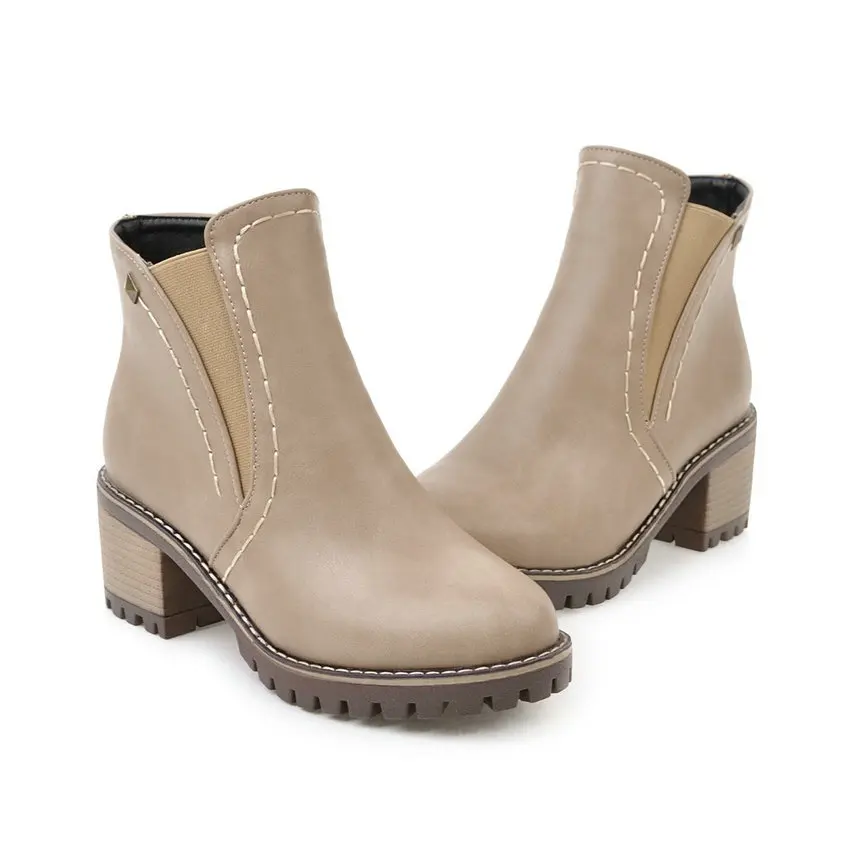 ESVEVA/ г. Женские ботинки на массивном каблуке короткие плюшевые ботильоны на квадратном каблуке Демисезонная женская обувь с круглым носком на молнии размеры 34-43 - Цвет: Бежевый
