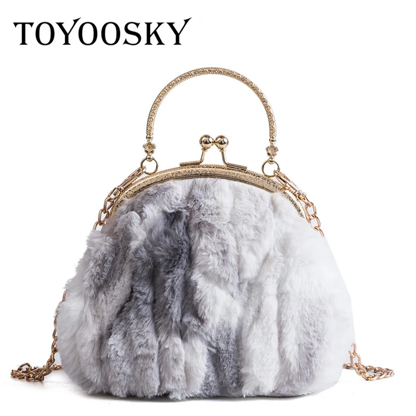 

TOYOOSKY Winter Rabbit Fur Women Handbag Portable Metal Handle Shell Clutch Bag Fashion Ladies Messenger Bag sac fausse fourrure
