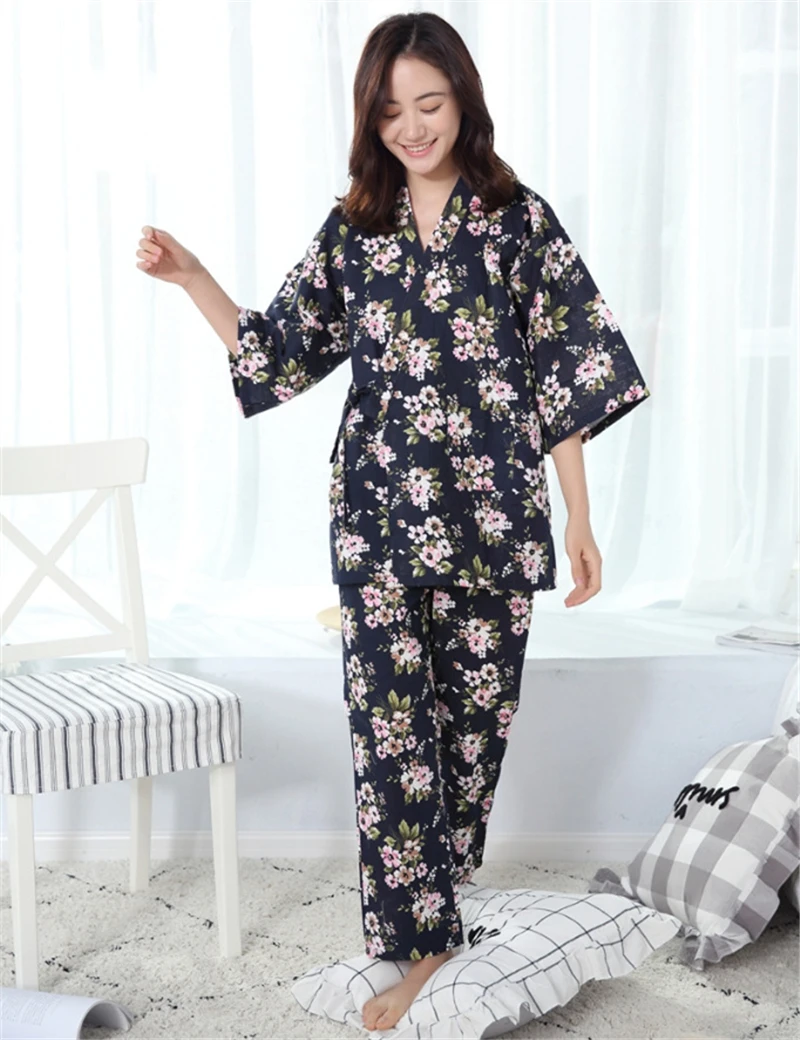 2018 Cotton Gauze Japanese Traditional Kimono Yukata Pajamas Women's Sleepwear Spring Summer