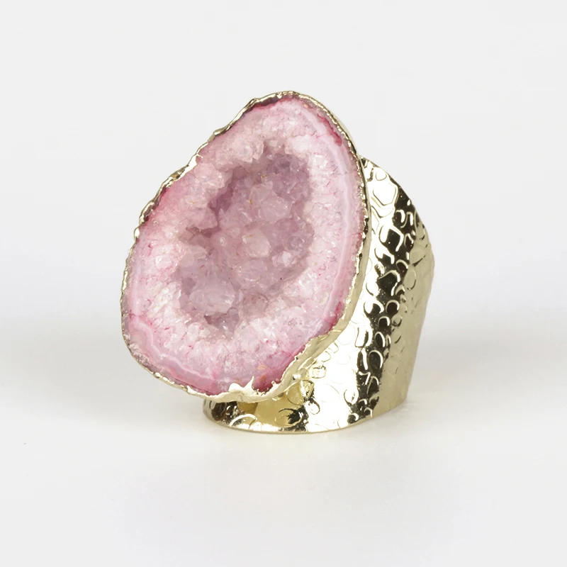 

Pure Gold Color Rough Raw Pale Baby Pink Geode Quartz Crystal Stone Slice Bead Charm Adjustable Open Hammered Ring Cuff Women