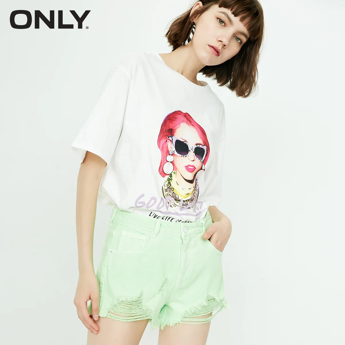 ONLY Summer Women's Candy Color Ripped Raw-edge Denim Shorts |118343523 - Цвет: NEON GREEN