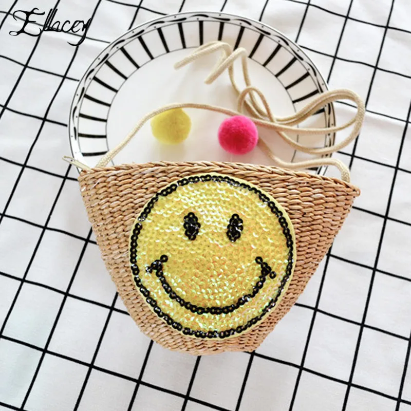 

Casual New Summer Vacation Straw Beach Bag Embroidery Patterns Tote Bags Smile Eyes Colorful Hairball Handbag Ladies Hand Bags
