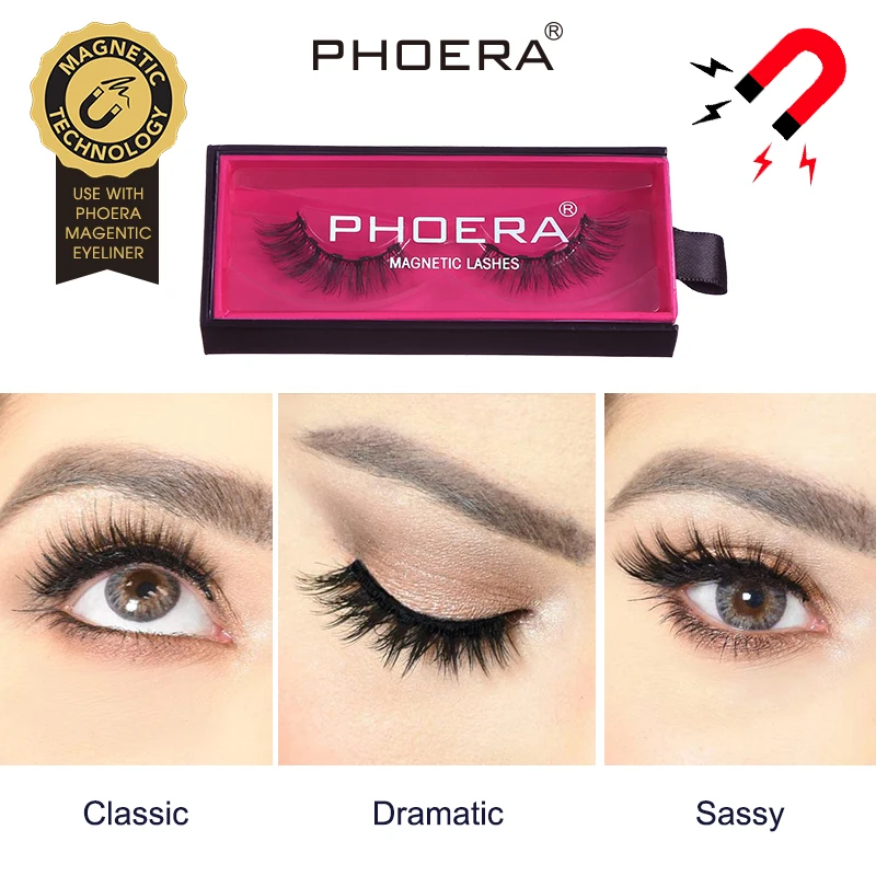 PHOERA Magnetic Eyeliner Eyelashes Kit 3D Magnet False Eyelash Reusable& Liquid Eyeliner& Brush Set Waterproof Lasting Makeup