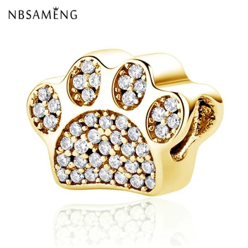 

Real Original 925 Sterling Silver Bead Charm Paw Prints Pave Crystal Charms Golden Fit Bracelets Women DIY Jewelry