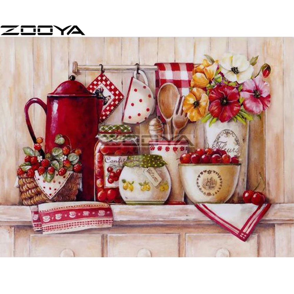 

ZOOYA Diamond Embroidery Round Diamond Painting Wall Sticker Pictures Of Rhinestone Cross-Stitch Flower Fruit Tea Set Kits R1637