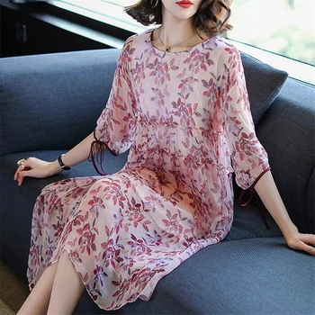 

2019 Spring and Summer New Women's Wear Loose Show Thin Round Collar Seven Sleeve Simulation Silk Printed Chiffon Dress Girl