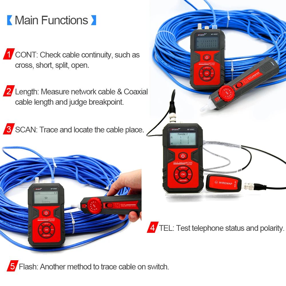 Noyafa NF858C ЖК-тестеры кабеля провода трекер определения местоположения и измерения длины для RJ11/RJ45 коаксиальный кабельный тестер с VFL и функцией NCV