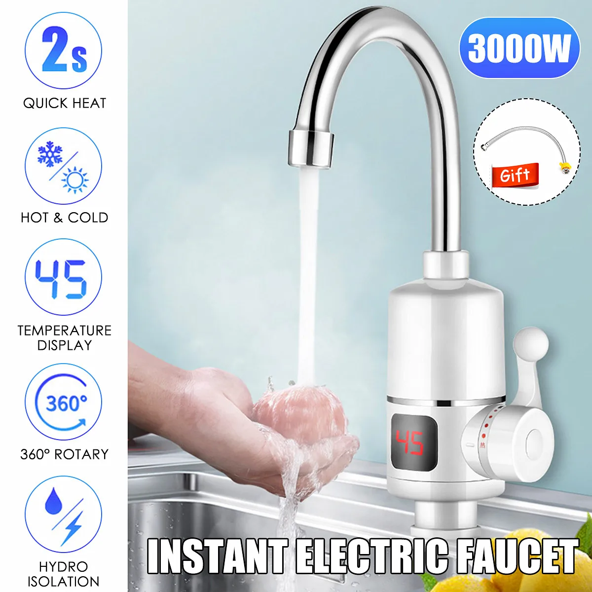 

Electric Kitchen Water Heater Tap Instant Hot Water Faucet 3000W Heating Faucet for Home Temperature Display